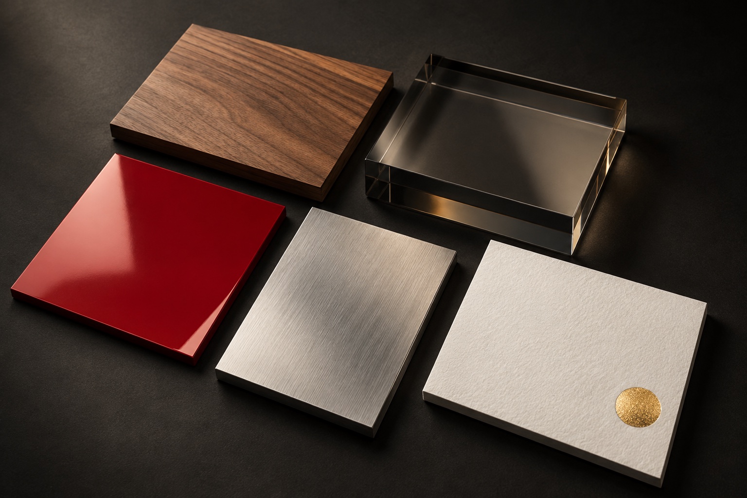 Conceptual material study of wood, smoked glass, red coated card, aluminium and foil-finished paper